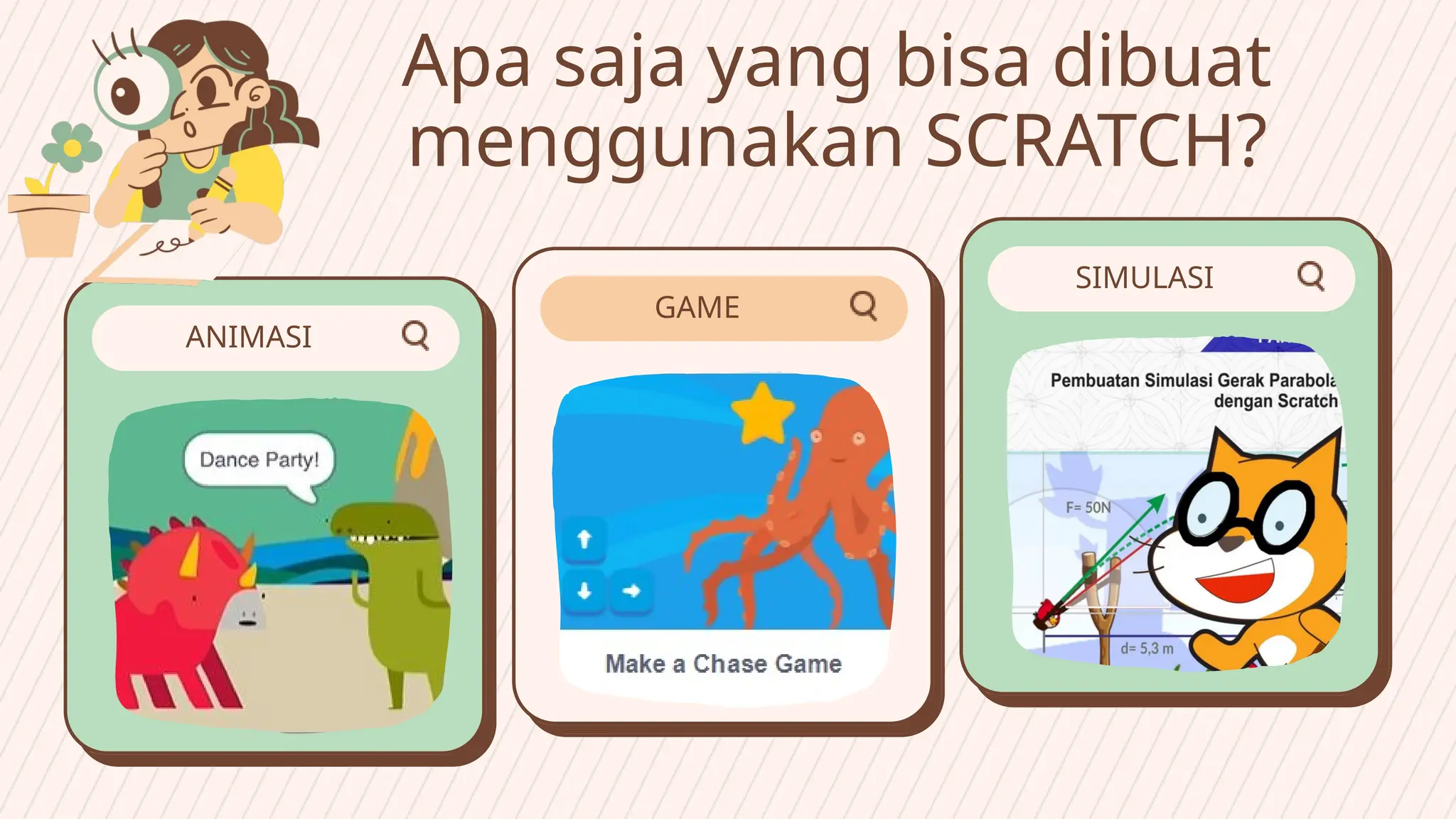 Apa saja yang bisa dibuat
menggunakan SCRATCH?
ANIMASI
SIMULASI
GAME
 