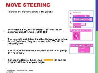 MOVE STEERING
• Found in the movement tab in the palette
• The first input (by default straight) determines the
steering value. It ranges -100 to 100.
• The second input determines the distance to travel and
its unit (rotations, degrees, or seconds). We will be
using degrees.
• The 3rd input determines the speed of the robot (range
of -100 to 100).
• Tip: use the Control block Stop ( ) to end the
program at the end of your project
Copyright © EV3Lessons.com 2020 (Last edit:
12/21/2019)
 