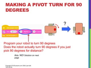 MAKING A PIVOT TURN FOR 90
DEGREES
Copyright © EV3Lessons.com 2020 (Last edit:
12/21/2019)
Program your robot to turn 90 degrees
Does the robot actually turn 90 degrees if you just
pick 90 degrees for distance?
B
C
B
C
?
Ans. NO! Solution on next
page
 