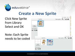 © EDUWEBINAR PTY LTD | ALL RIGHTS RESERVED
®
Create a New Sprite
Click New Sprite
from Library
Select and OK
Note: Each Sprite
needs to be coded
 