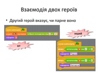 Взаємодія двох героїв
• Другий герой вказує, чи парне воно
КІТКІТ
ІНШИЙІНШИЙ
 