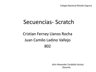 Secuencias- Scratch
Cristian Ferney Llanos Rocha
Juan Camilo Ladino Vallejo
802
Colegio Nacional Nicolás Esgurra
John Alexander Caraballo Acosta
Docente
 