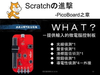 Scratchの進擊
-PicoBoard之章
 光線偵測*1
 聲音偵測*1
 滑桿阻值偵測*1
 按鈕偵測*1
 導電性偵測*4－外接
ＷＨＡＴ？
－提供輸入的微電腦控制板
邱文盛老師102.10.06 59
 