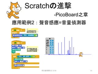 Scratchの進擊
-PicoBoard之章
應用範例2：聲音感應=音量偵測器
邱文盛老師102.10.06 65
 