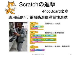 Scratchの進擊
-PicoBoard之章
應用範例4：電阻感測或導電性測試
開關用法：刀劍笑
範圍用法：水果會說話
無段用法：衛生紙、鉛筆樂器
邱文盛老師102.10.06 68
 
