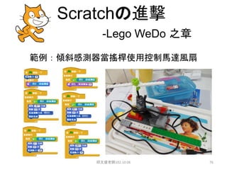 Scratchの進擊
-Lego WeDo 之章
邱文盛老師102.10.06 76
範例：傾斜感測器當搖桿使用控制馬達風扇
 