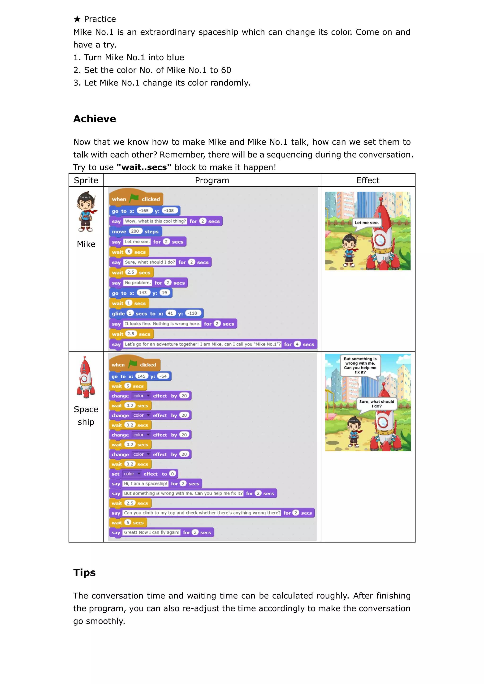 ★ Practice
Mike No.1 is an extraordinary spaceship which can change its color. Come on and
have a try.
1. Turn Mike No.1 into blue
2. Set the color No. of Mike No.1 to 60
3. Let Mike No.1 change its color randomly.
Achieve
Now that we know how to make Mike and Mike No.1 talk, how can we set them to
talk with each other? Remember, there will be a sequencing during the conversation.
Try to use "wait..secs" block to make it happen!
Sprite Program Effect
Mike
Space
ship
Tips
The conversation time and waiting time can be calculated roughly. After finishing
the program, you can also re-adjust the time accordingly to make the conversation
go smoothly.
 