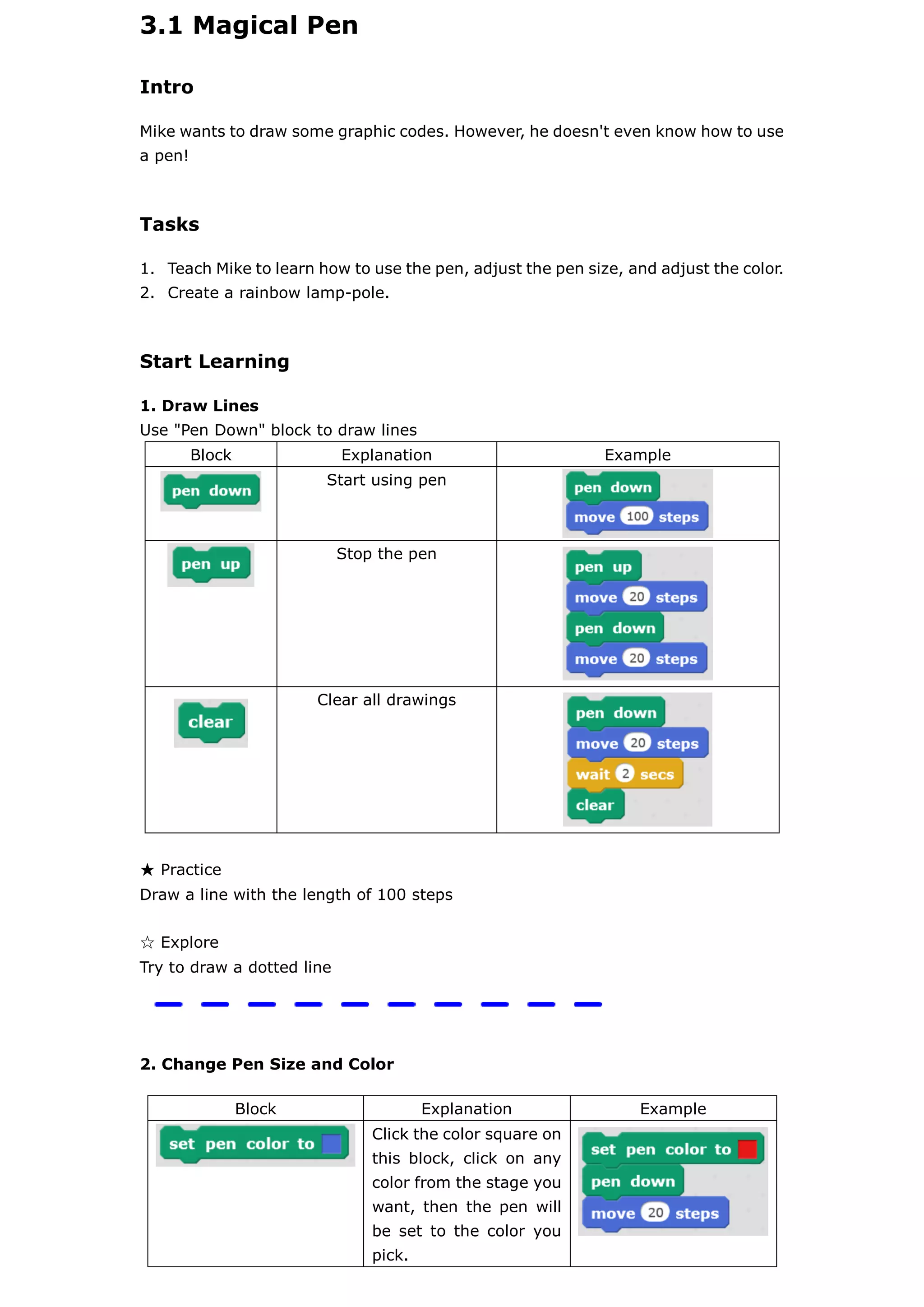 3.1 Magical Pen
Intro
Mike wants to draw some graphic codes. However, he doesn't even know how to use
a pen!
Tasks
1. Teach Mike to learn how to use the pen, adjust the pen size, and adjust the color.
2. Create a rainbow lamp-pole.
Start Learning
1. Draw Lines
Use "Pen Down" block to draw lines
Block Explanation Example
Start using pen
Stop the pen
Clear all drawings
★ Practice
Draw a line with the length of 100 steps
☆ Explore
Try to draw a dotted line
2. Change Pen Size and Color
Block Explanation Example
Click the color square on
this block, click on any
color from the stage you
want, then the pen will
be set to the color you
pick.
 
