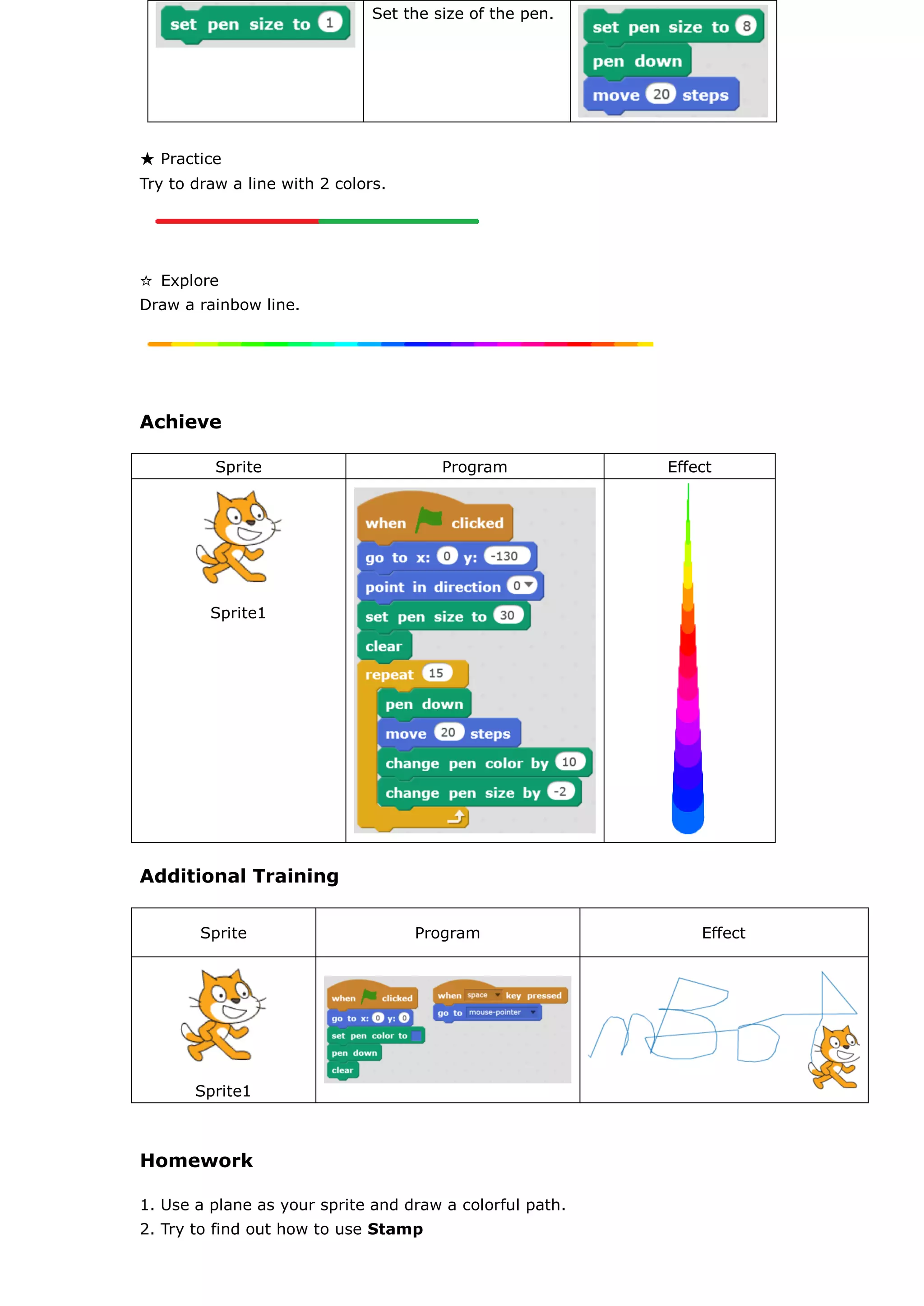 ★ Practice
Try to draw a line with 2 colors.
☆ Explore
Draw a rainbow line.
Achieve
Sprite Program Effect
Sprite1
Additional Training
Sprite Program Effect
Sprite1
Homework
1. Use a plane as your sprite and draw a colorful path.
2. Try to find out how to use Stamp
Set the size of the pen.
 