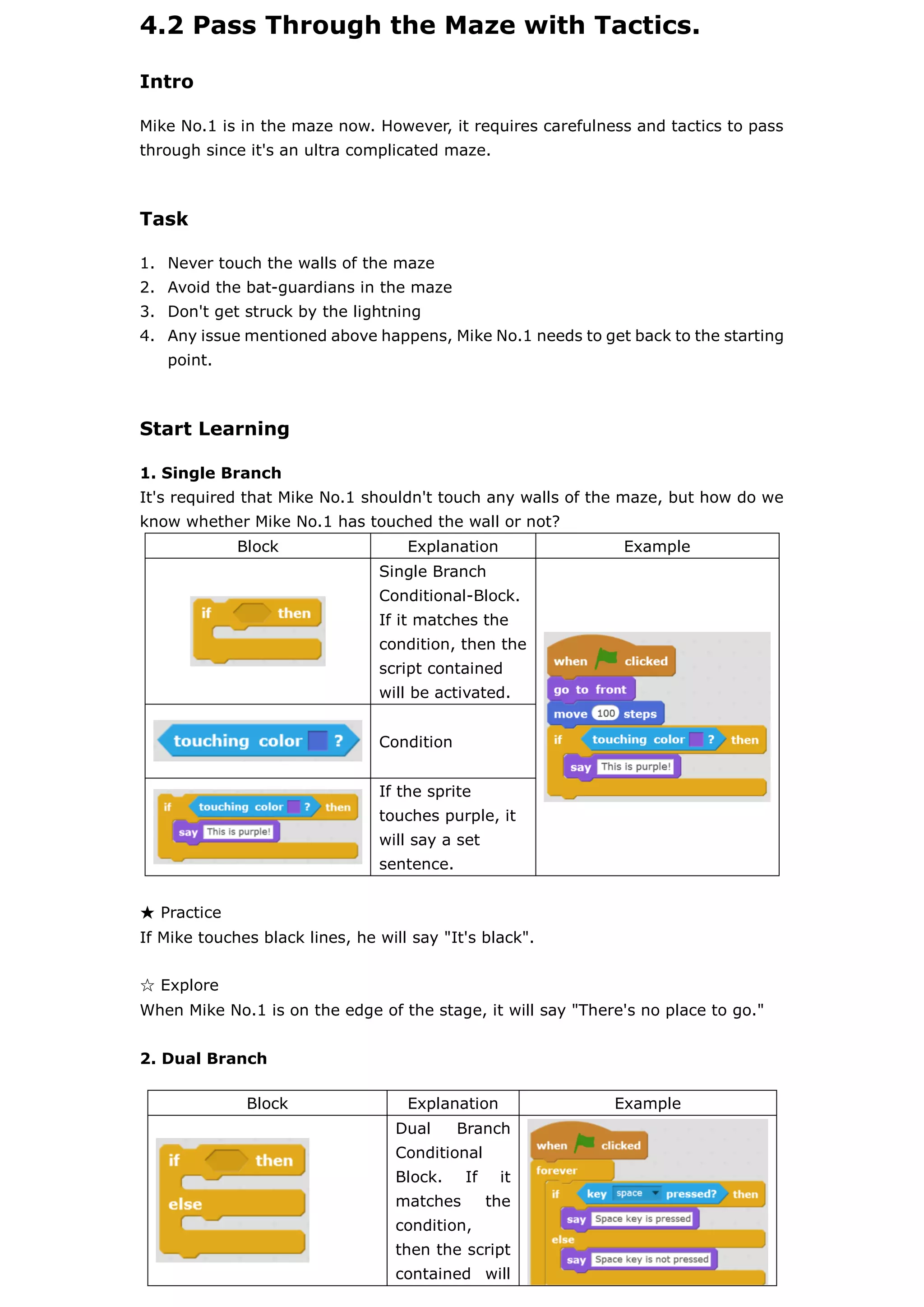 4.2 Pass Through the Maze with Tactics.
Intro
Mike No.1 is in the maze now. However, it requires carefulness and tactics to pass
through since it's an ultra complicated maze.
Task
1. Never touch the walls of the maze
2. Avoid the bat-guardians in the maze
3. Don't get struck by the lightning
4. Any issue mentioned above happens, Mike No.1 needs to get back to the starting
point.
Start Learning
1. Single Branch
It's required that Mike No.1 shouldn't touch any walls of the maze, but how do we
know whether Mike No.1 has touched the wall or not?
Block Explanation Example
Single Branch
Conditional-Block.
If it matches the
condition, then the
script contained
will be activated.
Condition
If the sprite
touches purple, it
will say a set
sentence.
★ Practice
If Mike touches black lines, he will say "It's black".
☆ Explore
When Mike No.1 is on the edge of the stage, it will say "There's no place to go."
2. Dual Branch
Block Explanation Example
Dual Branch
Conditional
Block. If it
matches the
condition,
then the script
contained will
 