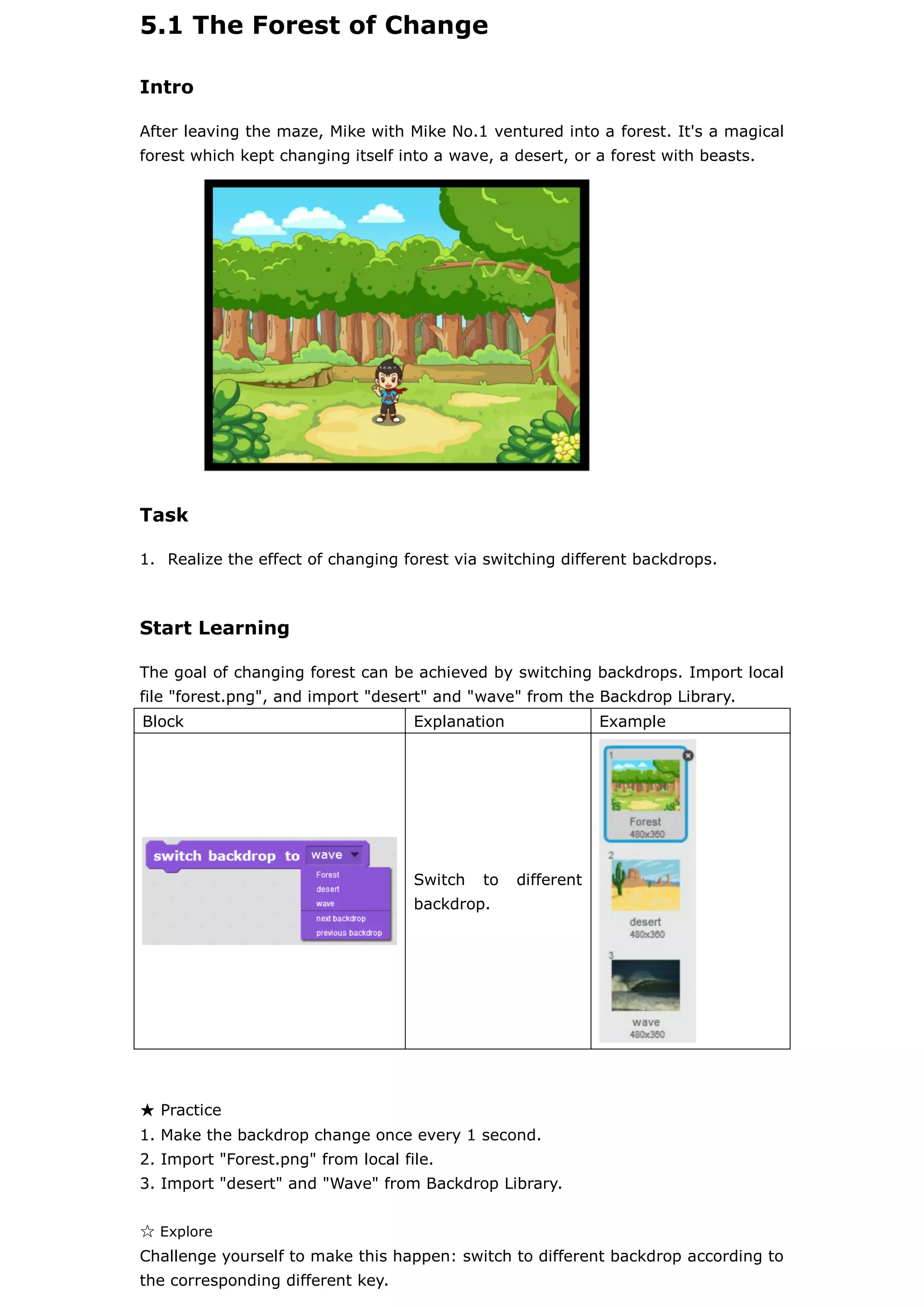 5.1 The Forest of Change
Intro
After leaving the maze, Mike with Mike No.1 ventured into a forest. It's a magical
forest which kept changing itself into a wave, a desert, or a forest with beasts.
Task
1. Realize the effect of changing forest via switching different backdrops.
Start Learning
The goal of changing forest can be achieved by switching backdrops. Import local
file "forest.png", and import "desert" and "wave" from the Backdrop Library.
Block Explanation Example
Switch to different
backdrop.
★ Practice
1. Make the backdrop change once every 1 second.
2. Import "Forest.png" from local file.
3. Import "desert" and "Wave" from Backdrop Library.
☆ Explore
Challenge yourself to make this happen: switch to different backdrop according to
the corresponding different key.
 