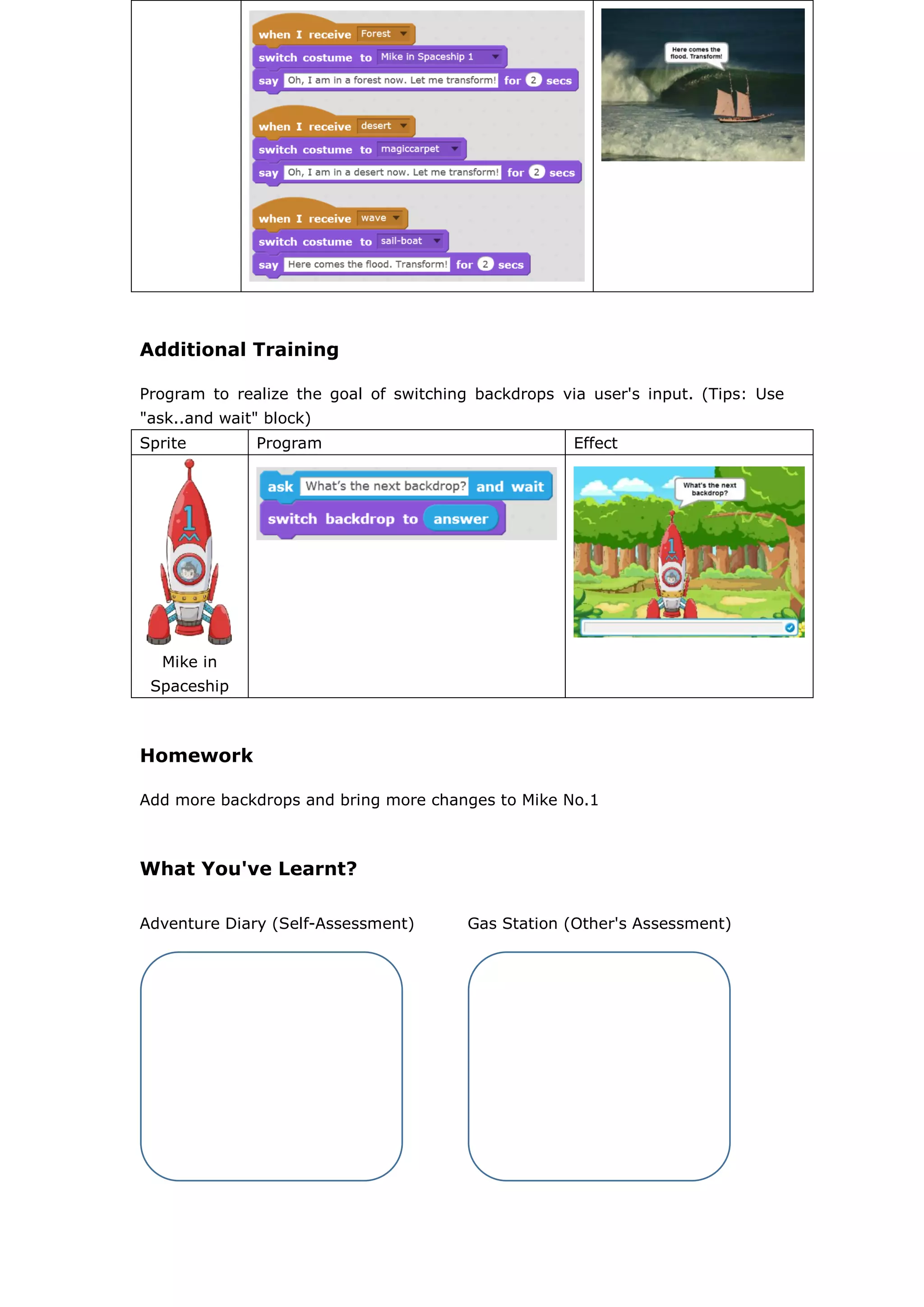 Additional Training
Program to realize the goal of switching backdrops via user's input. (Tips: Use
"ask..and wait" block)
Sprite Program Effect
Mike in
Spaceship
Homework
Add more backdrops and bring more changes to Mike No.1
What You've Learnt?
Adventure Diary (Self-Assessment) Gas Station (Other's Assessment)
 
