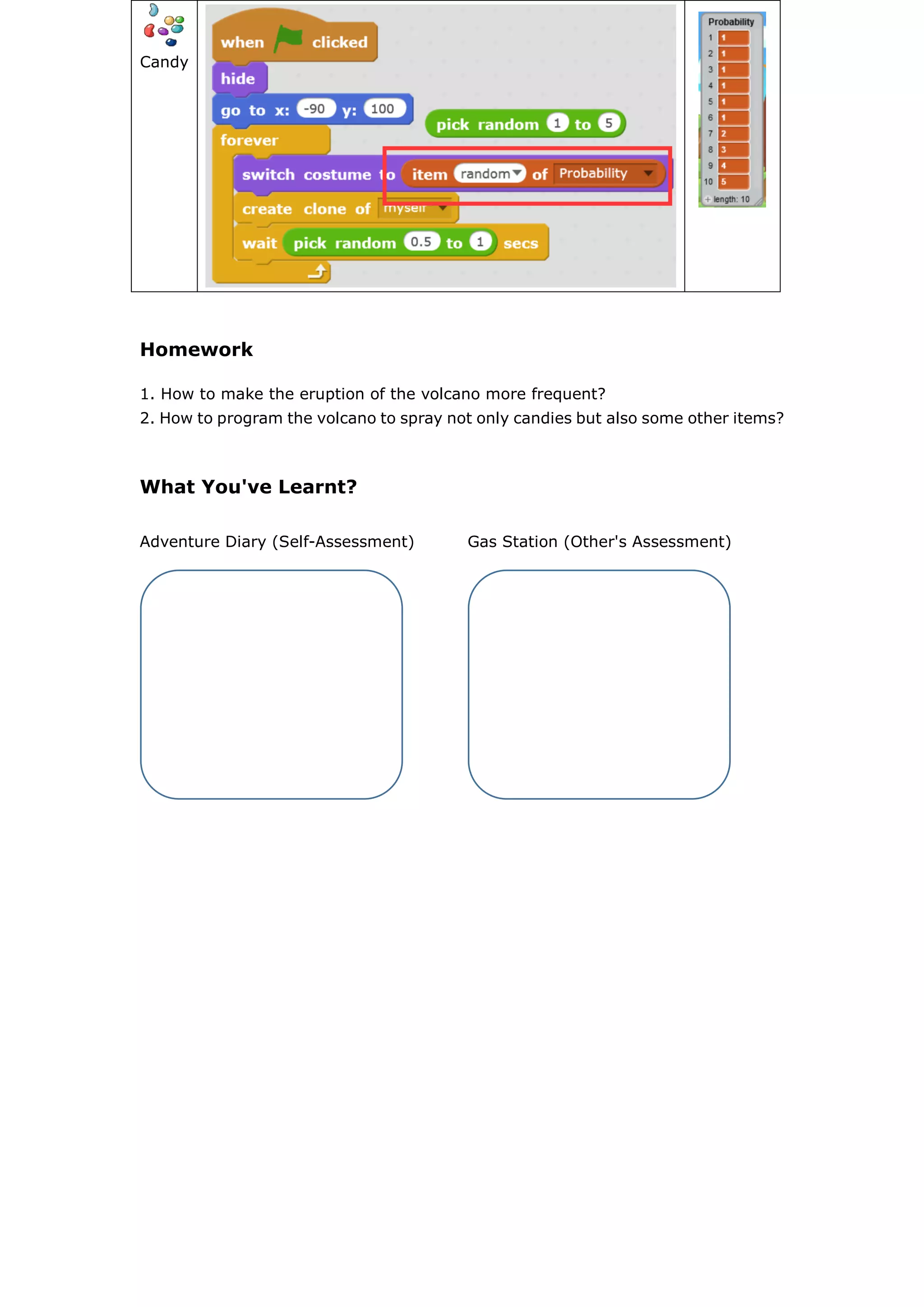 Candy
Homework
1. How to make the eruption of the volcano more frequent?
2. How to program the volcano to spray not only candies but also some other items?
What You've Learnt?
Adventure Diary (Self-Assessment) Gas Station (Other's Assessment)
 
