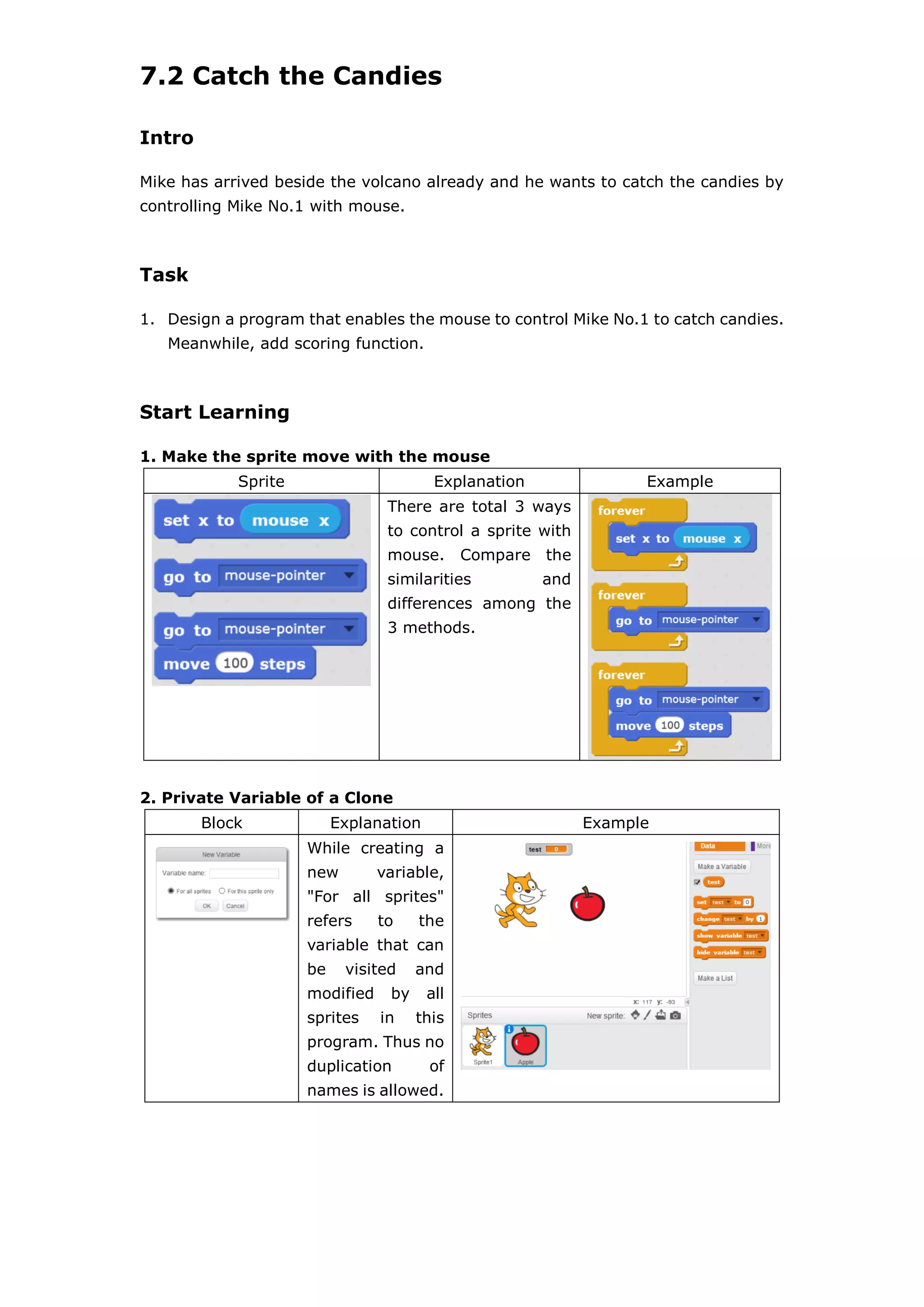 7.2 Catch the Candies
Intro
Mike has arrived beside the volcano already and he wants to catch the candies by
controlling Mike No.1 with mouse.
Task
1. Design a program that enables the mouse to control Mike No.1 to catch candies.
Meanwhile, add scoring function.
Start Learning
1. Make the sprite move with the mouse
Sprite Explanation Example
There are total 3 ways
to control a sprite with
mouse. Compare the
similarities and
differences among the
3 methods.
2. Private Variable of a Clone
Block Explanation Example
While creating a
new variable,
"For all sprites"
refers to the
variable that can
be visited and
modified by all
sprites in this
program. Thus no
duplication of
names is allowed.
 