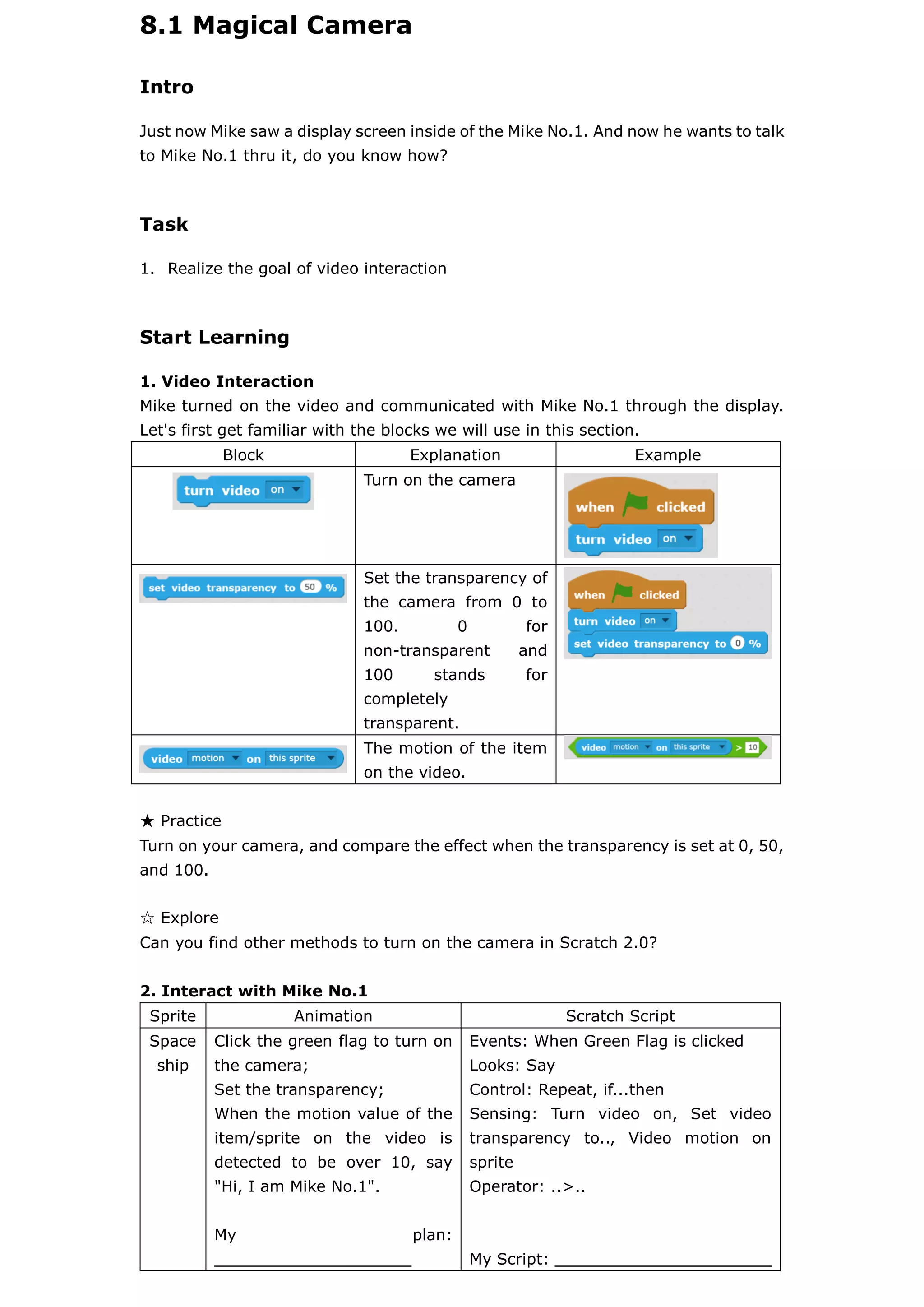 8.1 Magical Camera
Intro
Just now Mike saw a display screen inside of the Mike No.1. And now he wants to talk
to Mike No.1 thru it, do you know how?
Task
1. Realize the goal of video interaction
Start Learning
1. Video Interaction
Mike turned on the video and communicated with Mike No.1 through the display.
Let's first get familiar with the blocks we will use in this section.
Block Explanation Example
Turn on the camera
Set the transparency of
the camera from 0 to
100. 0 for
non-transparent and
100 stands for
completely
transparent.
The motion of the item
on the video.
★ Practice
Turn on your camera, and compare the effect when the transparency is set at 0, 50,
and 100.
☆ Explore
Can you find other methods to turn on the camera in Scratch 2.0?
2. Interact with Mike No.1
Sprite Animation Scratch Script
Space
ship
Click the green flag to turn on
the camera;
Set the transparency;
When the motion value of the
item/sprite on the video is
detected to be over 10, say
"Hi, I am Mike No.1".
My plan:
____________________
Events: When Green Flag is clicked
Looks: Say
Control: Repeat, if...then
Sensing: Turn video on, Set video
transparency to.., Video motion on
sprite
Operator: ..>..
My Script: ______________________
 