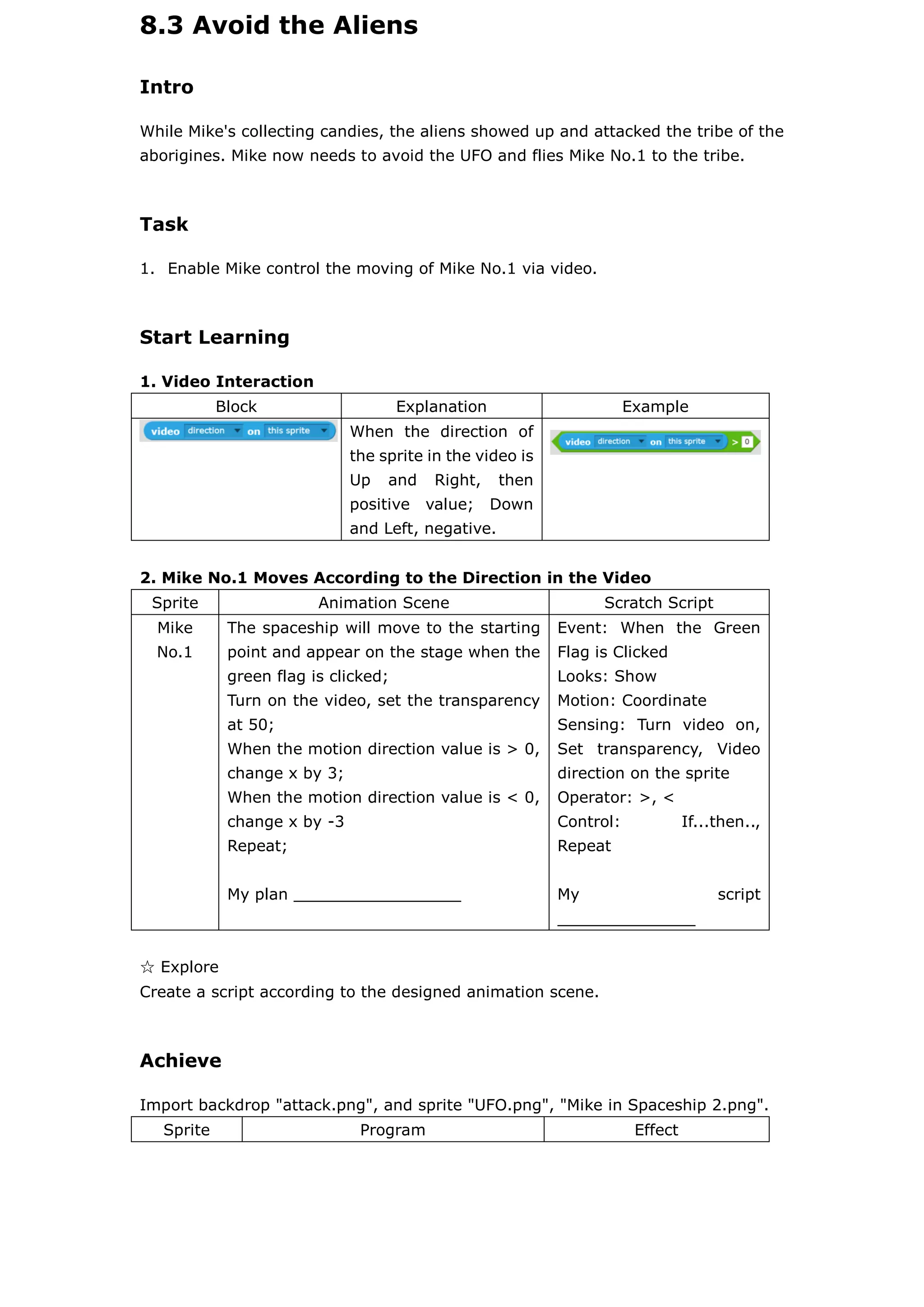 8.3 Avoid the Aliens
Intro
While Mike's collecting candies, the aliens showed up and attacked the tribe of the
aborigines. Mike now needs to avoid the UFO and flies Mike No.1 to the tribe.
Task
1. Enable Mike control the moving of Mike No.1 via video.
Start Learning
1. Video Interaction
Block Explanation Example
When the direction of
the sprite in the video is
Up and Right, then
positive value; Down
and Left, negative.
2. Mike No.1 Moves According to the Direction in the Video
Sprite Animation Scene Scratch Script
Mike
No.1
The spaceship will move to the starting
point and appear on the stage when the
green flag is clicked;
Turn on the video, set the transparency
at 50;
When the motion direction value is > 0,
change x by 3;
When the motion direction value is < 0,
change x by -3
Repeat;
My plan _________________
Event: When the Green
Flag is Clicked
Looks: Show
Motion: Coordinate
Sensing: Turn video on,
Set transparency, Video
direction on the sprite
Operator: >, <
Control: If...then..,
Repeat
My script
______________
☆ Explore
Create a script according to the designed animation scene.
Achieve
Import backdrop "attack.png", and sprite "UFO.png", "Mike in Spaceship 2.png".
Sprite Program Effect
 