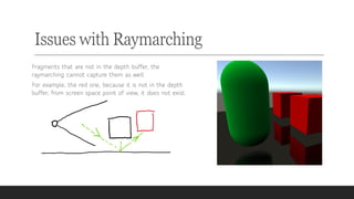 Issues with Raymarching
Fragments that are not in the depth buffer, the
raymarching cannot capture them as well.
For example, the red one, because it is not in the depth
buffer, from screen space point of view, it does not exist.
 