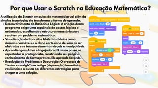 Por que Usar o Scratch na Educação Matemática?
A utilização do Scratch em aulas de matemática vai além da
simples tecnologia; ela transforma a forma de aprender.
Desenvolvimento do Raciocínio Lógico: A criação de um
programa exige uma sequência de passos lógicos e
ordenados, espelhando a estrutura necessária para
resolver um problema matemático.
Visualização de Conceitos Abstratos: Ideias como
ângulos, variáveis e o plano cartesiano deixam de ser
abstratas e se tornam elementos visuais e manipuláveis.
Aprendizagem Ativa e Engajadora: O aluno passa de
espectador a protagonista, construindo seu próprio
conhecimento de forma prática. Ele aprende fazendo.
Resolução de Problemas e Depuração: O processo de
"testar e corrigir" um código (depuração) incentiva a
resiliência e a busca por diferentes estratégias para
chegar a uma solução.
 