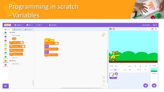 Programming in scratch
- Variables
60
Scratch Tutorial for kids by Doaa Mohey
 