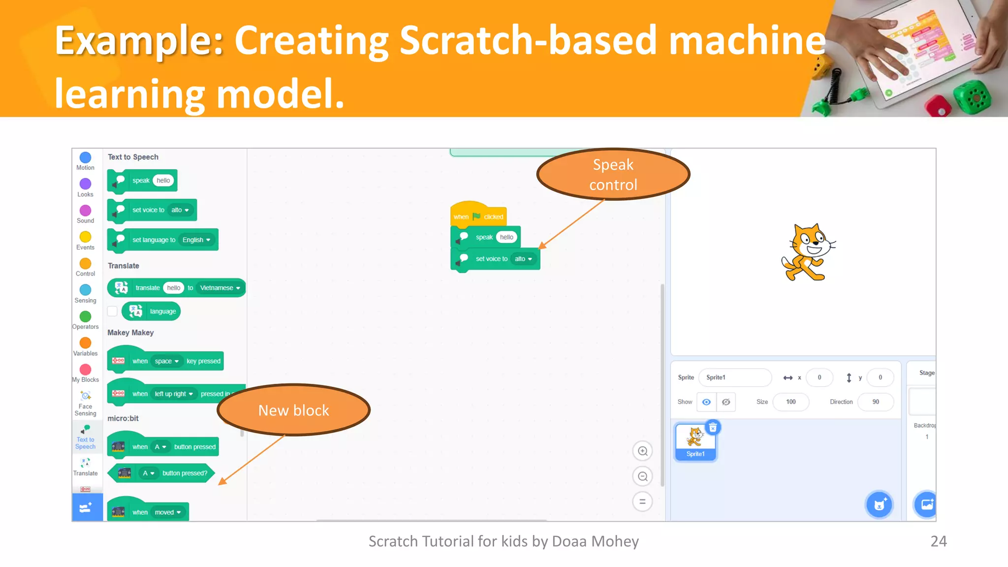 Example: Creating Scratch-based machine
learning model.
Scratch Tutorial for kids by Doaa Mohey 24
New block
Speak
control
 