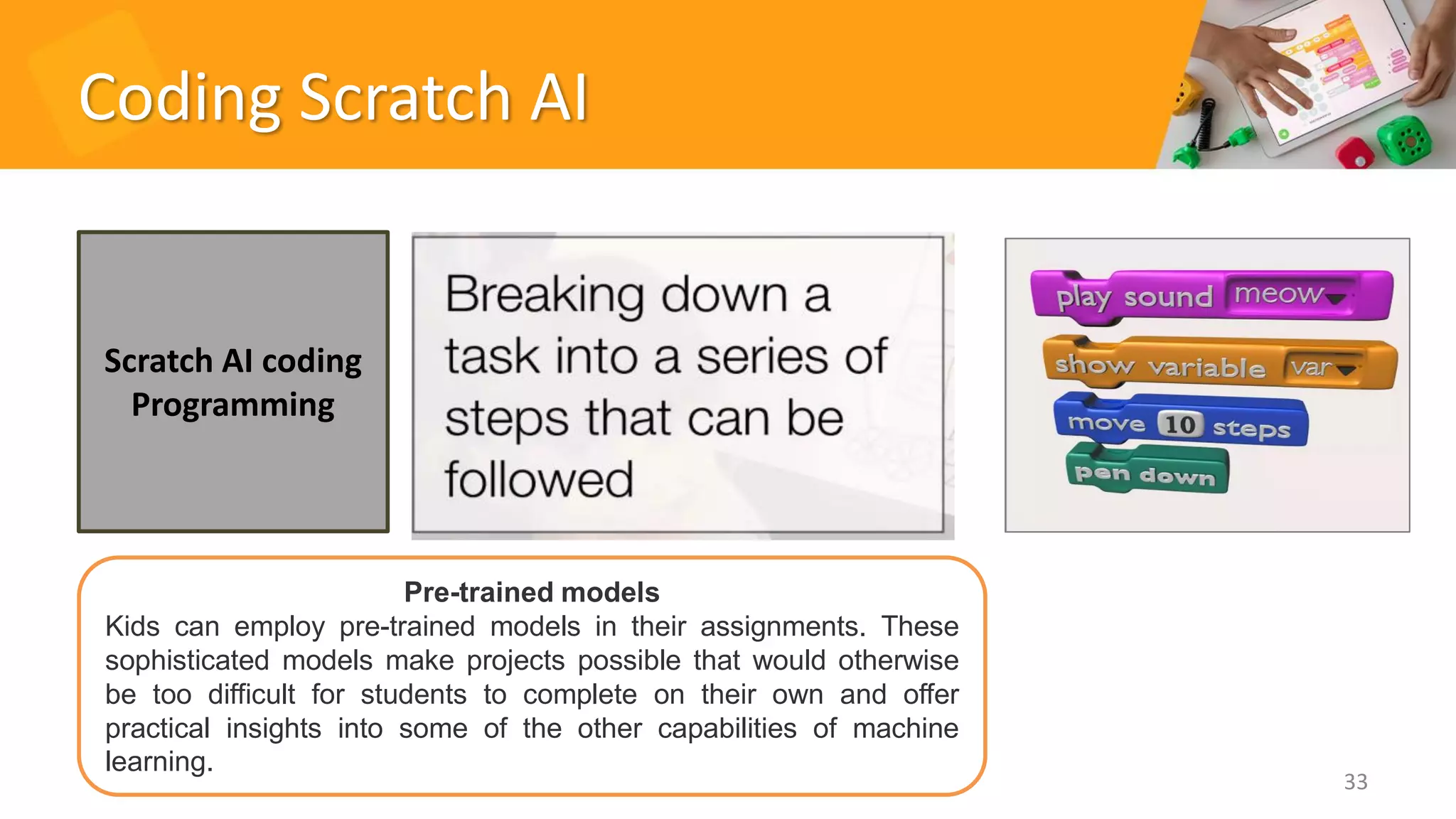Coding Scratch AI
Scratch Tutorial for kids by Doaa Mohey 33
Pre-trained models
Kids can employ pre-trained models in their assignments. These
sophisticated models make projects possible that would otherwise
be too difficult for students to complete on their own and offer
practical insights into some of the other capabilities of machine
learning.
Scratch AI coding
Programming
 