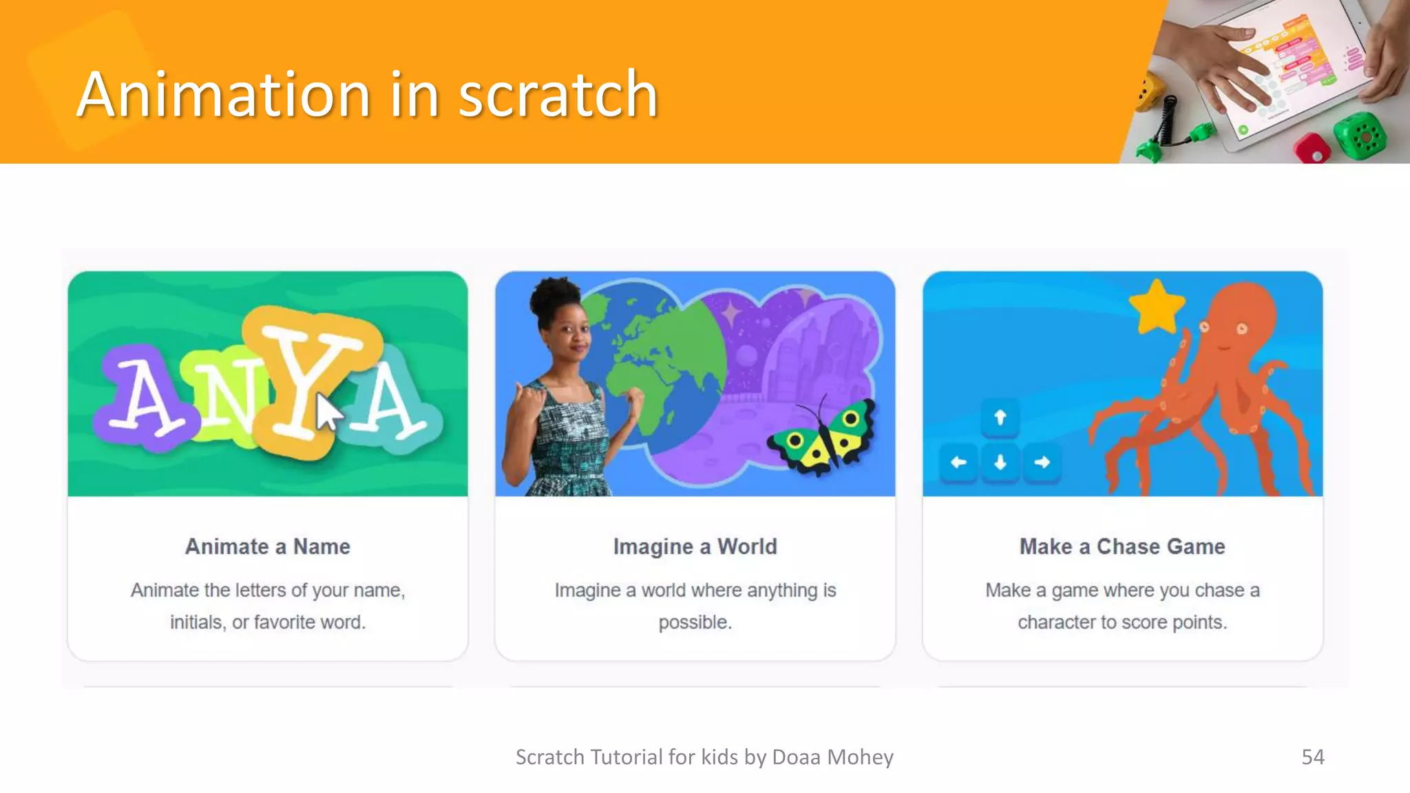 Animation in scratch
54
Scratch Tutorial for kids by Doaa Mohey
 