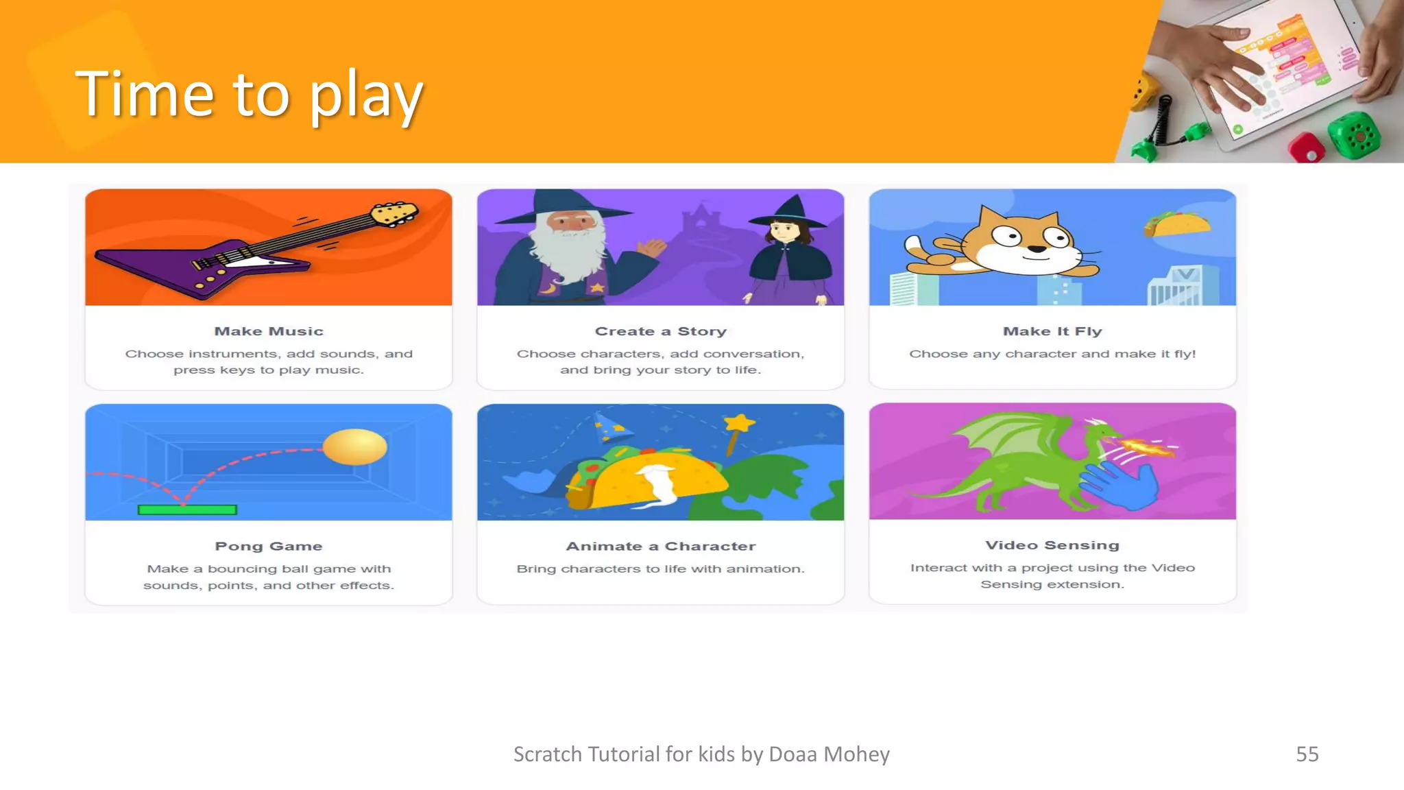Time to play
55
Scratch Tutorial for kids by Doaa Mohey
 