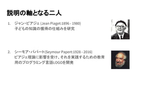 説明の軸となる二人
1. ジャン・ピアジェ (Jean Piaget:1896 - 1980)
子どもの知識の獲得の仕組みを研究
2. シーモア・パパート(Seymour Papert:1928 - 2016)
ピアジェ理論に影響を受け、それを実践するための教育
用のプログラミング言語LOGOを開発
 