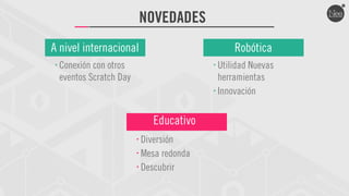 NOVEDADES
A nivel internacional                                Robótica
✦
    Conexión con otros                       ✦
                                                 Utilidad Nuevas
    eventos Scratch Day                          herramientas
                                             ✦
                                                 Innovación

                                 Educativo
                          ✦
                              Diversión
                          ✦
                              Mesa redonda
                          ✦
                              Descubrir
 