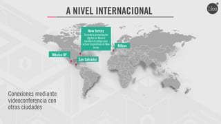 A NIVEL INTERNACIONAL
                                     New Jersey
                                 Durante la presentación
                                     alguien en Madrid
                                  escribirá el código para
                                activar dispositivos en New
                                           Jersey             Bilbao

                  México DF
                              San Salvador




Conexiones mediante
videoconferencia con
otras ciudades
 