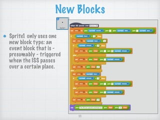 Sprite1 only uses one
new block type: an
event block that is -
presumably - triggered
when the ISS passes
over a certain p...