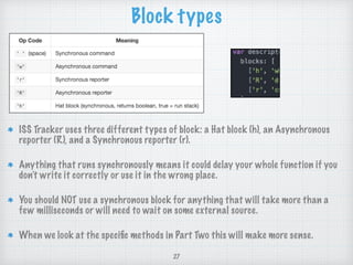 Block types
27
ISS Tracker uses three different types of block: a Hat block (h), an Asynchronous
reporter (R), and a Synch...