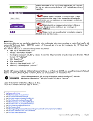 http://www.eduteka.org/Scratch20.php - Pág. 21
Reporta el resultado de una función seleccionada (abs, raíz cuadrada,
sin, cos, tan, asin, acos, atan, ln, log, e^, 10^) aplicada a un número
específico.
MÁS BLOQUES
Permite asignar un nombre a un bloque propio y luego
programarle lo que debe hacer. Estos bloques también se llaman
procedimientos. Los nuevos bloques se crean solo para el objeto en
el que se esté ubicado.
Esta instrucción se crea automáticamente en el área de
programas. Debajo se ubican los bloques que constituyen el
programa del bloque.
Bloque nuevo que se puede utilizar en cualquier programa
del objeto en el cual fue creado.
CRÉDITOS:
Documento elaborado por Juan Carlos López García, editor de Eduteka, quien tomó como base la traducción al español del
documento “Reference Guide – SCRATCH, version 1.4” (elaborado por el grupo de investigación del MIT Media Lab21
“Lifelong Kindergarten”).
Para elaborar esta Guía, se consultaron los siguientes documentos:
 ¿Qué hay de nuevo en Scratch 2.0?22
 How Do I Use the New Blocks?23
 Nuevas propuestas para estudiar y evaluar, el desarrollo del pensamiento computacional; Karen Brennan, Mitchel
Resnick; MIT Media Lab24
 Wiki - Scratch 2.025
 What is cloud data?26
 5 Things to Know About Scratch 2.027
 Scratch 2.0 Frequently Asked Questions28
Scratch 2.029
es desarrollado por el Lifelong Kindergarten Group en el Media Lab del MIT, con apoyo financiero de la National
Science Foundation, Microsoft, Intel Foundation, Nokia, y el consorcio Media Lab Research del MIT.
Este documento se elaboró con el apoyo de Motorola Solutions Foundation30
, Motorola
Solutions de Colombia Ltda.31
y la gestión de la ONG Give to Colombia32
.
Fecha de publicación en EDUTEKA: Mayo 01 de 2013.
Fecha de la última actualización: Mayo 01 de 2013.
21 http://www.media.mit.edu/
22 Ver: http://beta.scratch.mit.edu/overview/
23 Ver: http://info.scratch.mit.edu/prototype
24 Ver: http://www.eduteka.org/modulos/9/284/2120/1
25 Ver: http://wiki.scratch.mit.edu/wiki/Scratch_2.0
26 Ver: http://beta.scratch.mit.edu/help/faq/#clouddata
27 Ver: http://beta.scratch.mit.edu/projects/10087407/
28 Ver: http://info.scratch.mit.edu/Scratch2FAQ
29 Ver: http://scratch.mit.edu/
30 Ver: http://responsibility.motorolasolutions.com/index.php/solutions-for-community/com02-foundation/
31 Ver: http://www.motorolasolutions.com/XL-ES/Home
32 Ver: http://www.givetocolombia.com/
 