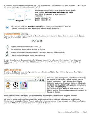 http://www.eduteka.org/Scratch20.php - Pág. 5
El escenario tiene 480 puntos (pixeles) de ancho y 360 puntos de alto y está dividido en un plano cartesiano x – y. El centro
del escenario corresponde a las coordenadas X:0, Y:0.
Para encontrar posiciones x-y en el escenario, mueva el ratón
en él y mire la información de posición x-y del ratón,
justo debajo del escenario en la parte derecha.
posición x del ratón: 75
posición y del ratón: 25
Haga clic en el botón del Modo Presentación para ver los proyectos en tamaño “Pantalla
Completa”. Para salir del Modo Presentación, presione la tecla escape (Esc).
NUEVOS OBJETOS (SPRITES)
Cuando usted comienza un nuevo proyecto en Scratch, este siempre inicia con el Objeto Gato. Para crear nuevos Objetos,
haga clic en los siguientes botones:
Importar un Objeto disponible en Scratch 2.0.
Pintar un nuevo Objeto usando el Editor de Pinturas.
Importar una imagen guardada en alguna carpeta del disco duro del computador.
Capturar una imagen con la cámara del computador.
Si usted desea borrar un Objeto, seleccione las tijeras que encuentra en la Barra de Herramientas y haga clic sobre el
Objeto; o, presione clic derecho sobre el Objeto y seleccione borrar dentro de las opciones del menú desplegable que
aparece.
LISTA DE OBJETOS
El Listado de Objetos muestra imágenes en miniatura de todos los Objetos disponibles en el proyecto. Cada Objeto,
muestra su nombre bajo la imagen.
Para ver y editar los programas, los disfraces (costumes) y
los sonidos (sounds) de los Objetos, haga clic sobre la
imagen miniatura del Objeto deseado, en la Lista de
Objetos; o haga doble clic sobre el Objeto en el Escenario
(el Objeto seleccionado se resalta y aparece enmarcado en
azul, en la Lista de Objetos).
Para mostrar/esconder, exportar, duplicar o borrar un
Objeto, presione clic derecho sobre su imagen miniatura en
la Lista de Objetos.
Usted puede reacomodar los Objetos que aparecen en la Lista de Objetos, arrastrando las imágenes miniatura.
Así como un Objeto puede modificar su apariencia cambiando de disfraz, el Escenario puede cambiar su apariencia
intercambiando fondos (backdrops). Para ver y editar los programas, fondos y sonidos asociados con el Escenario, haga clic
en el ícono del Escenario ubicado a la izquierda de la Lista de Objetos.
 