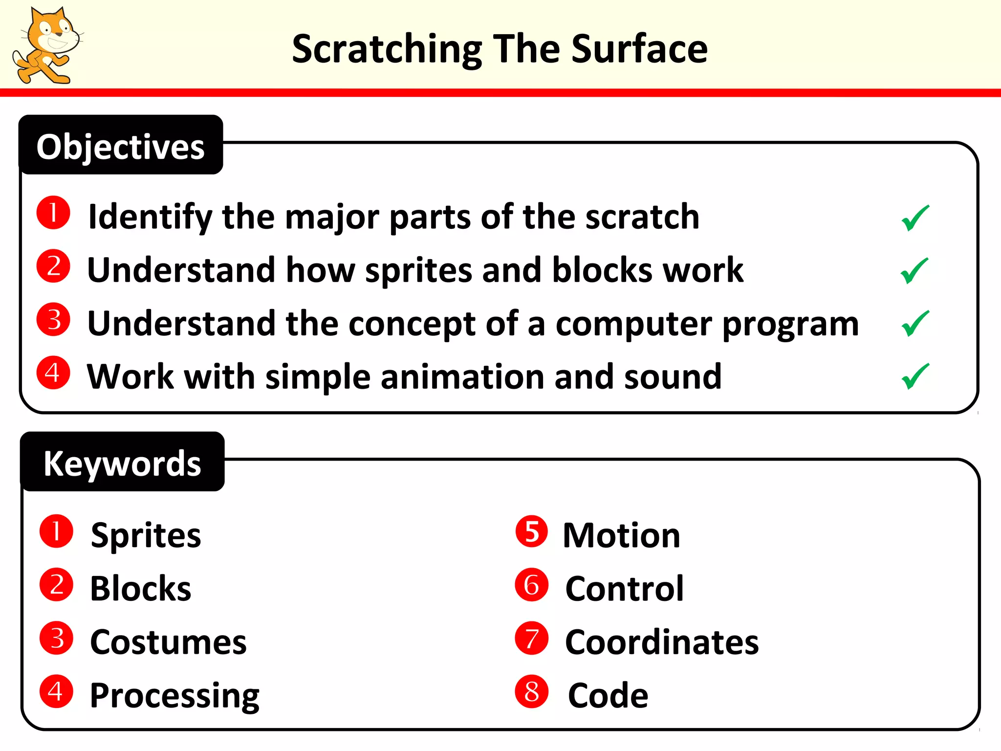 Scratching The Surface
Keywords
 Identify the major parts of the scratch
 Understand how sprites and blocks work
 Understand the concept of a computer program
 Work with simple animation and sound
Objectives
 Sprites
 Blocks
 Costumes
 Processing
 Motion
 Control
 Coordinates
 Code




 