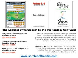 www.scratchoffworks.com
The Longest Drive/Closest to the Pin Fantasy Golf Card
2 games on 1 card! These cards are a great golf fundraiser
boost. Add onto any order and sell at lunch, on speciﬁc
holes, or at registration and raise more money at your event!
This is a fun addition to any of our other cards if you want to
give your fundraising an extra boost for the day!
HOW TO PLAY: This card lets you play 2 games on 1 card.
Scratch 1 spot to see how far you hit the ball and 1 spot to
see how close to the pin you got. These golf cards are
usually sold 1 card for $5 or 3 cards for $10.
250 generic cards cost $.35 each
Resell for $5/card
You raise $1,100+
500 generic cards cost $.30 each
Resell for $5/card
You raise $2,300+
1,000 generic cards cost $.25 each
Resell for $5/card
You raise $4,700+
 
