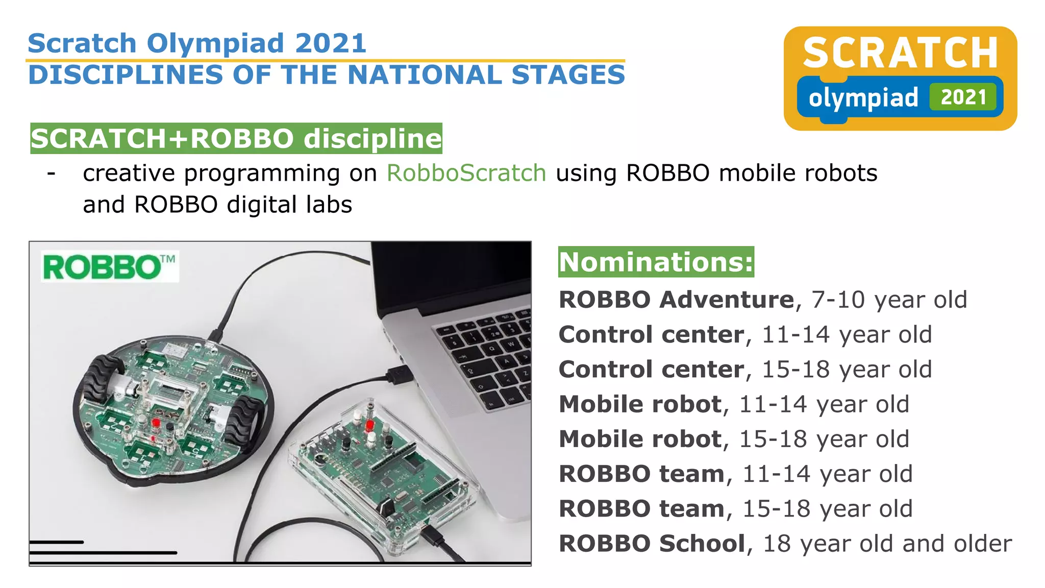 Nominations:
ROBBO Adventure, 7-10 year old
Control center, 11-14 year old
Control center, 15-18 year old
Mobile robot, 11-14 year old
Mobile robot, 15-18 year old
ROBBO team, 11-14 year old
ROBBO team, 15-18 year old
ROBBO School, 18 year old and older
SCRATCH+ROBBO discipline
- creative programming on RobboScratch using ROBBO mobile robots
and ROBBO digital labs
Scratch Olympiad 2021
DISCIPLINES OF THE NATIONAL STAGES
 