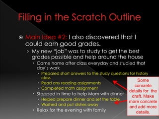 Filling in the Scratch OutlineMain Idea #2:I also discovered that I could earn good grades.My new “job” was to study to get the best grades possible and help around the houseCame home after class everyday and studied that day’s workPrepared short answers to the study questions for history class Read any reading assignmentsCompleted math assignmentStopped in time to help Mom with dinnerHelped prepare dinner and set the tableWashed and put dishes awayRelax for the evening with familySome concrete  details for  the draft. Make more concrete and add more details.