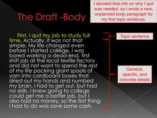 The Draft -Body I decided that info on why I quit was needed, so I wrote a new, unplanned body paragraph for my first topic sentence.First, I quit my job to study full time. Actually, it was not that simple. My life changed even before I started college. I was bored working a dead-end, first shift job at the local textile factory and did not want to spend the rest of my life packing giant spools of yarn into cardboard boxes that dried out my hands and numbed my brain. I had to get out, but had no skills. I knew going to college could get me a better job, but I also had no money, so the first thing I had to do was save some cash.Topic sentenceGeneral, specific, and concrete details