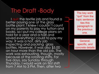 The Draft -BodyThe key work “quit” from the topic sentence ties this paragraph to the previous one. 		I quit the textile job and found a better paying one at the glass bottle plant. I knew I couldn’t count on my parents to pay my tuition and books, so I put my college plans on hold for a year and a half and saved everything I could to pay my way. It was a hot, dirty job inspecting and packing glass bottles. However, it was also $5.00 an hour more than the old job. The work was exhausting, though, mostly because of the rotating shifts. For five days, say Sunday through Thursday, I would work on first shift from 7 AM to 3 PM. Then, after twoGeneral, specific, and concrete details