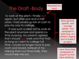 The Draft -BodyRepeated key word to work at the plant. I finallyquitagain, but after one and a half years, I had saved up lots of cash to  pay my way to college. 		It was such a relief not to work at the plant anymore and spend my time studying. My parents agreed that I should quitwork and that that as long as I went to college full time, I would no longer have to pay room and board. Instead of my helping them out financially, they would help me out. More general, specific, and concrete details: This paragraph is quite long, so I picked a logical spot to break it up again.I have three body paragraphs to support my first topic sentence.