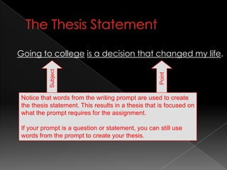 The Thesis StatementGoing to collegeis a decision that changed my life.SubjectPointNotice that words from the writing prompt are used to create the thesis statement. This results in a thesis that is focused on what the prompt requires for the assignment.If your prompt is a question or statement, you can still use words from the prompt to create your thesis. 