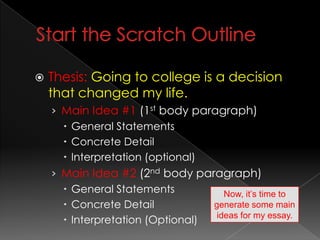 Start the Scratch OutlineThesis:Going to college is a decision that changed my life.Main Idea #1 (1st body paragraph)General StatementsConcrete DetailInterpretation (optional)Main Idea #2 (2nd body paragraph)General StatementsConcrete DetailInterpretation (Optional)Now, it’s time to generate some main ideas for my essay.