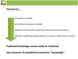 However…
not publicly accessible
lack sufficient contextual metadata
published in formats that require time-consuming manual extraction
difficulty in publishing valuable datasets (i.a. local or regional Floras, Faunas)

Published knowledge cannot easily be mobilised
Vast amounts of unpublished taxonomic “knowledge”

 