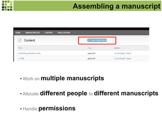 Assembling a manuscript

• Work on multiple

manuscripts

• Allocate different

people to different manuscripts

• Handle permissions

 