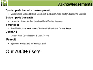 Acknowledgements
Scratchpads technical development
- Vince Smith, Simon Rycroft, Ben Scott, Ed Baker, Alice Heaton, Katherine Boutton

Scratchpads outreach
- Laurence Livermore, Isa van deVelde & Dimitris Koureas

e-Monocot
- Paul Wilkin & the Kew team, Charles Godfray & the Oxford team

ViBRANT
- Vince Smith, Dave Roberts & Lucy Reeve

Pensoft

-

Lyubomir Penev and the Pensoft team

Our 7000+ users

 
