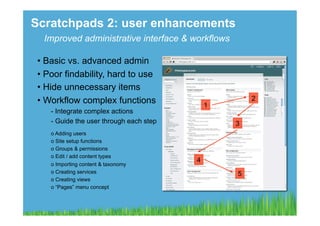 Scratchpads 2: user enhancements
  Improved administrative interface & workflows

 •  Basic vs. advanced admin
 •  Poor findability, hard to use
 •  Hide unnecessary items
 •  Workflow complex functions                        2
                                              1
    -  Integrate complex actions
    -  Guide the user through each step           3
    o  Adding users
    o  Site setup functions
    o  Groups & permissions
    o  Edit / add content types
                                          4
    o  Importing content & taxonomy
    o  Creating services                          5
    o  Creating views
    o  “Pages” menu concept
 
