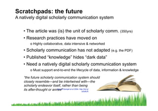 Scratchpads: the future
A natively digital scholarly communication system


    •  The article was (is) the unit of scholarly comm. (350yrs)
    •  Research practices have moved on
         o  Highly collaborative, data intensive & networked

    •  Scholarly communication has not adapted (e.g. the PDF)
    •  Published “knowledge” hides “dark data”
    •  Need a natively digital scholarly communication system
         o  Must support end-to-end the lifecycle of data, information & knowledge

    “the future scholarly communication system should
    closely resemble—and be intertwined with—the
    scholarly endeavor itself, rather than being
    its after-thought or annex” Sompel et al 2004. http://bit.ly/
                           Van de
                                                      a3o9UX
 