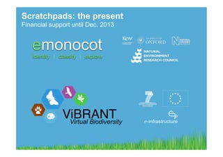 Scratchpads: the present
Financial support until Dec. 2013




              ViBRANT
               Virtual Biodiversity
 