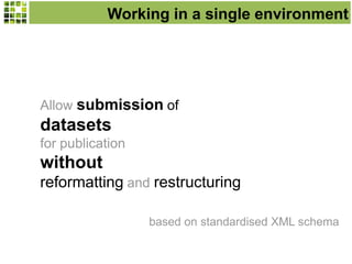 Allow submission of
datasets
for publication
without
reformatting and restructuring
Working in a single environment
based on standardised XML schema
 